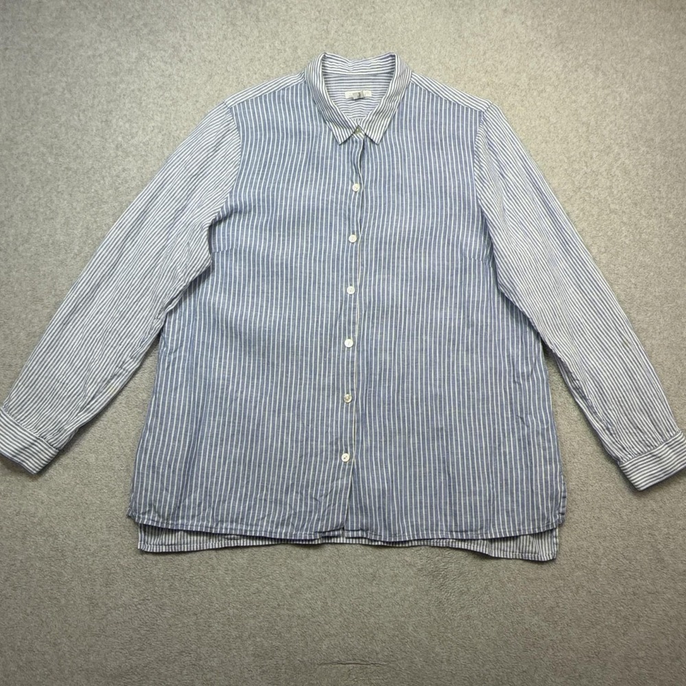 J Jill Love Linen Essential Shirt Womens Petite Large Blue Stripe Long Sleeve